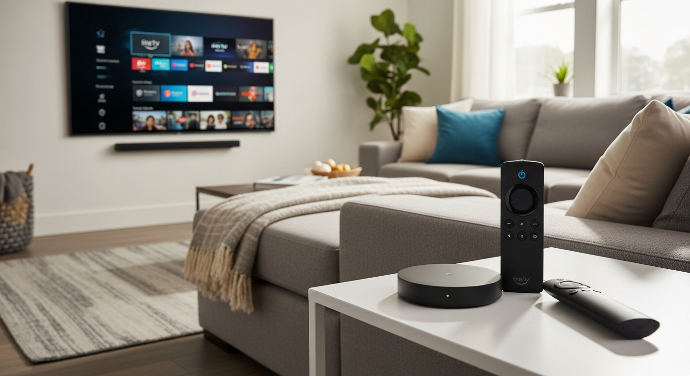 Amazon Fire TV Stick HD with Alexa Voice Remote displayed next to a modern television setup