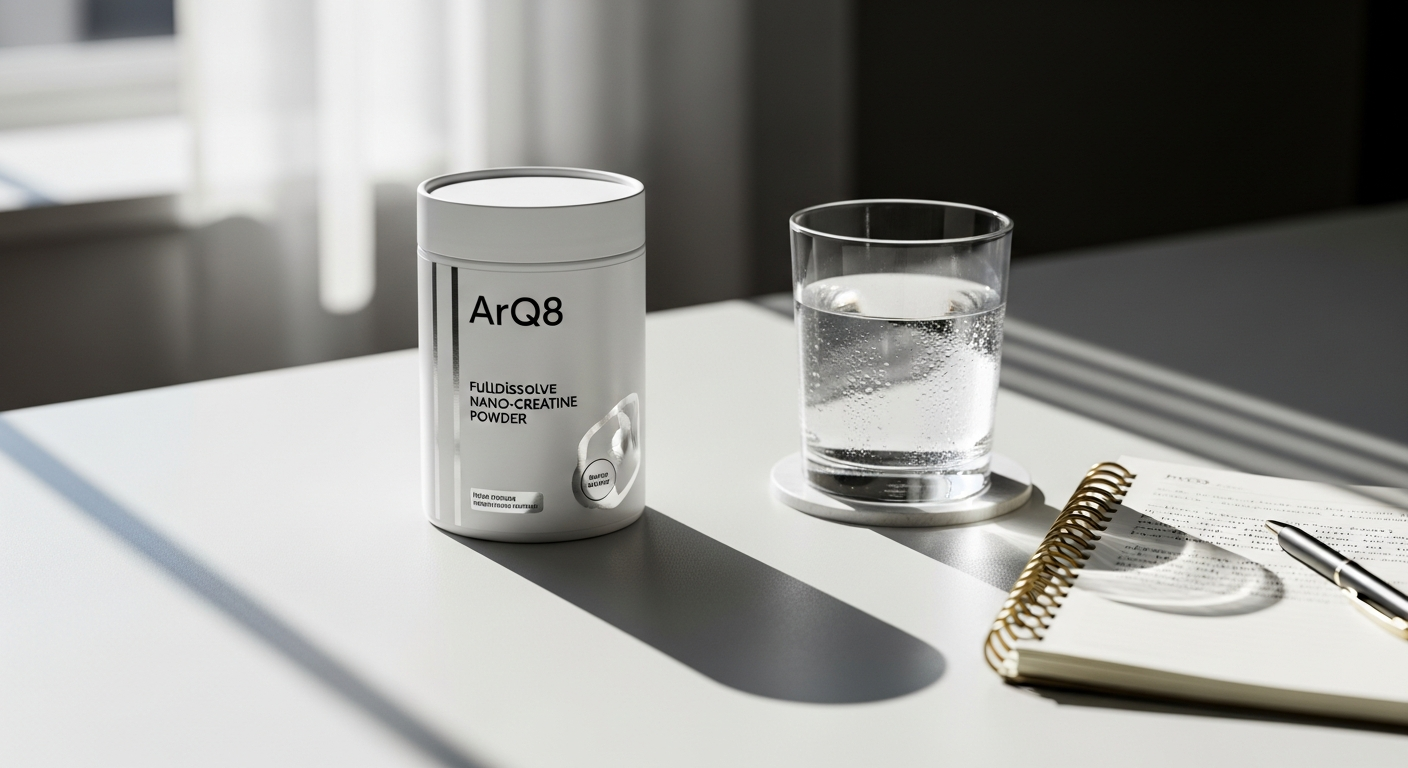Arq8 FullDissolve Nano-Creatine Powder supplement container with Swiss-engineered formula