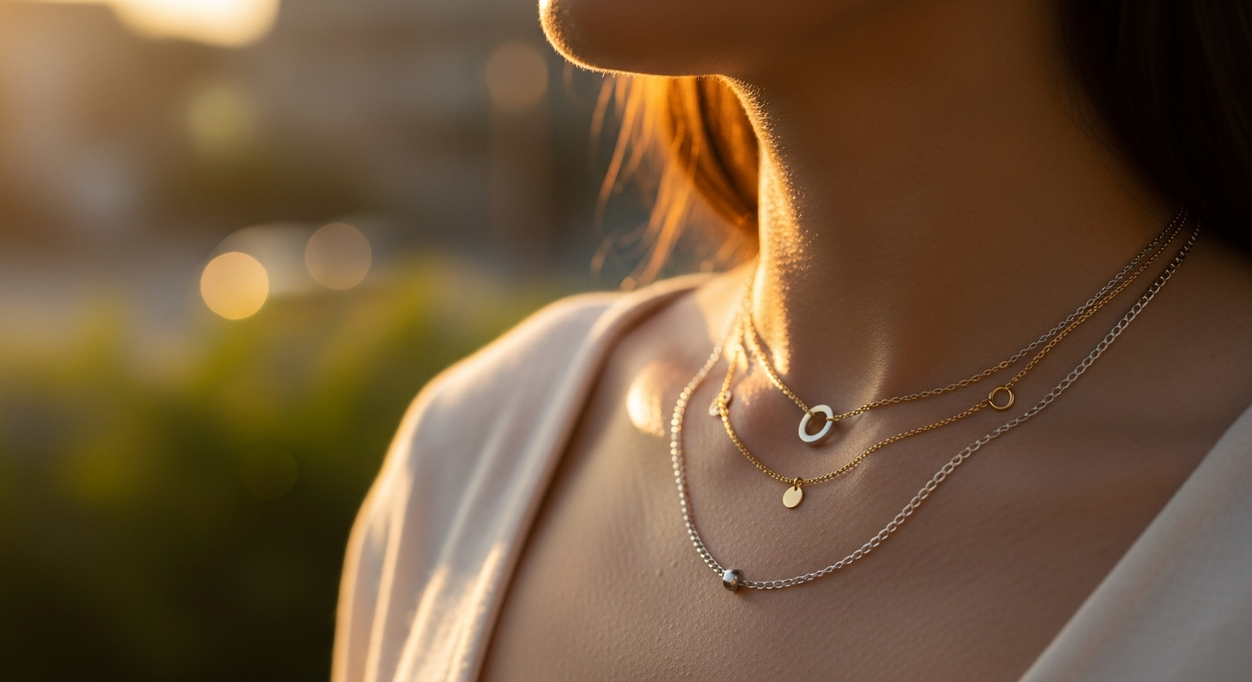 Just Click Nut Layered Necklace Set in mixed gold and silver metals displayed on white background