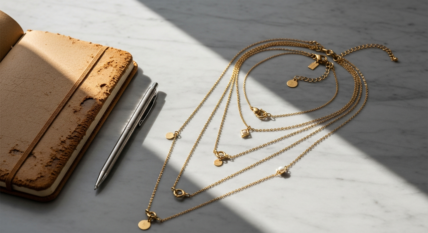 Just Click Tag Layered Necklace Set featuring four gold-plated stainless steel pieces arranged together