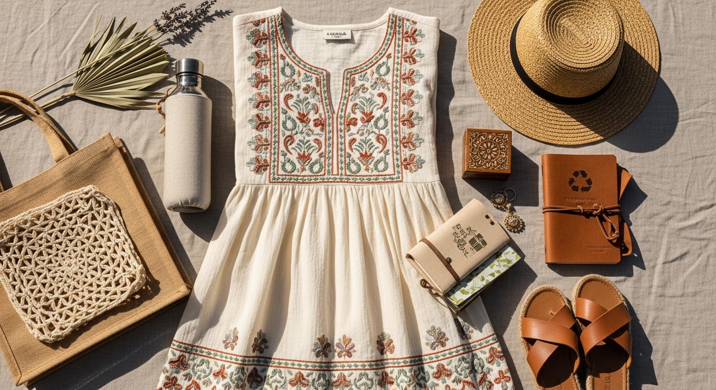 Aspiga India Embroidered Organic Cotton Dress in white and blue with empire waistline and swing skirt design