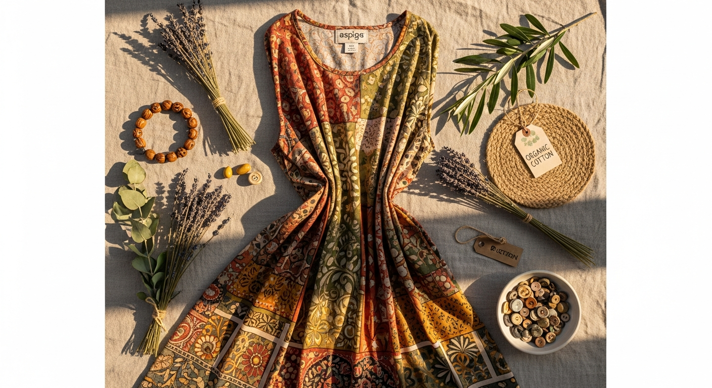 Aspiga Pippa Organic Cotton Block Print Dress in hand block printed pattern displayed on model