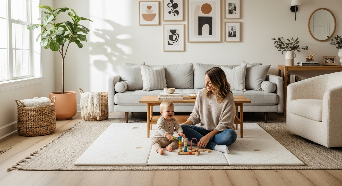 Avery Row Stay & Play Mat in Riverbank design displayed in a modern family living room with neutral décor