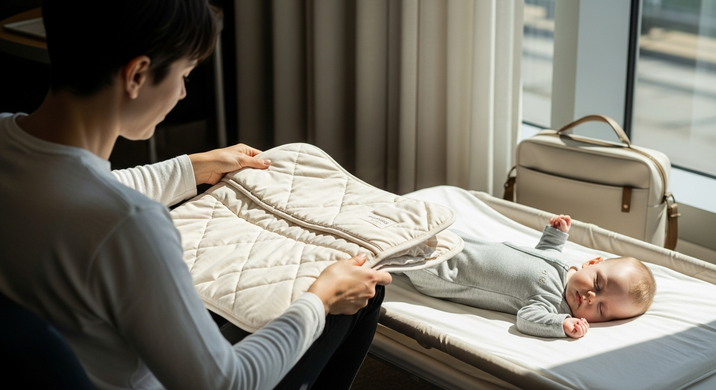 Avery Row Organic Cotton Travel Changing Mat folded neatly in neutral beige color with stylish print design