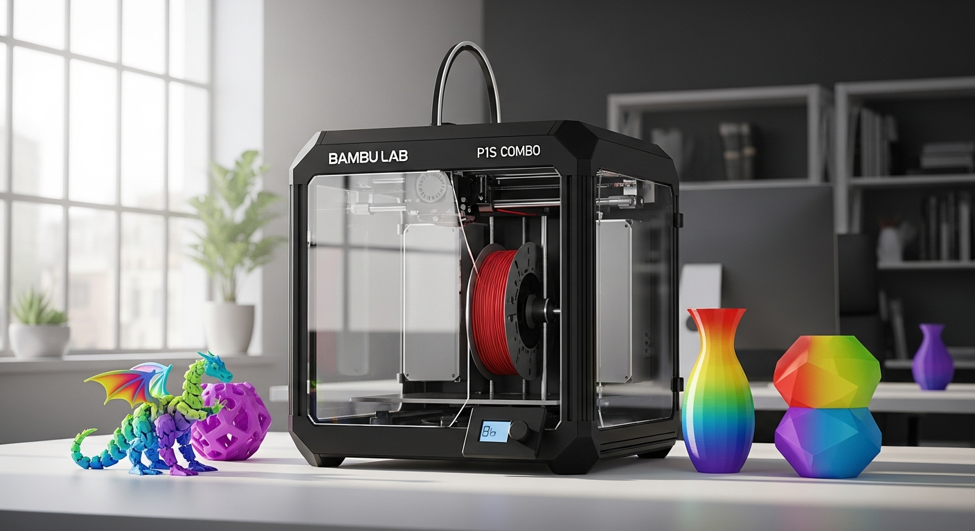 Bambu Lab P1S Combo 3D printer with multi-color filament system and enclosed build chamber
