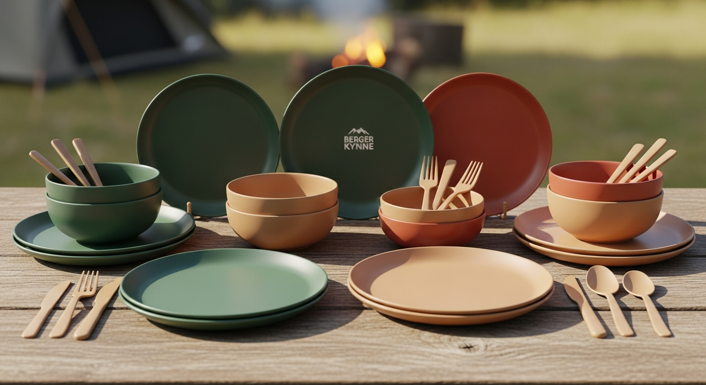 Berger Kynne 16-piece camping dinnerware set displayed with plates, bowls, and mugs arranged on outdoor table