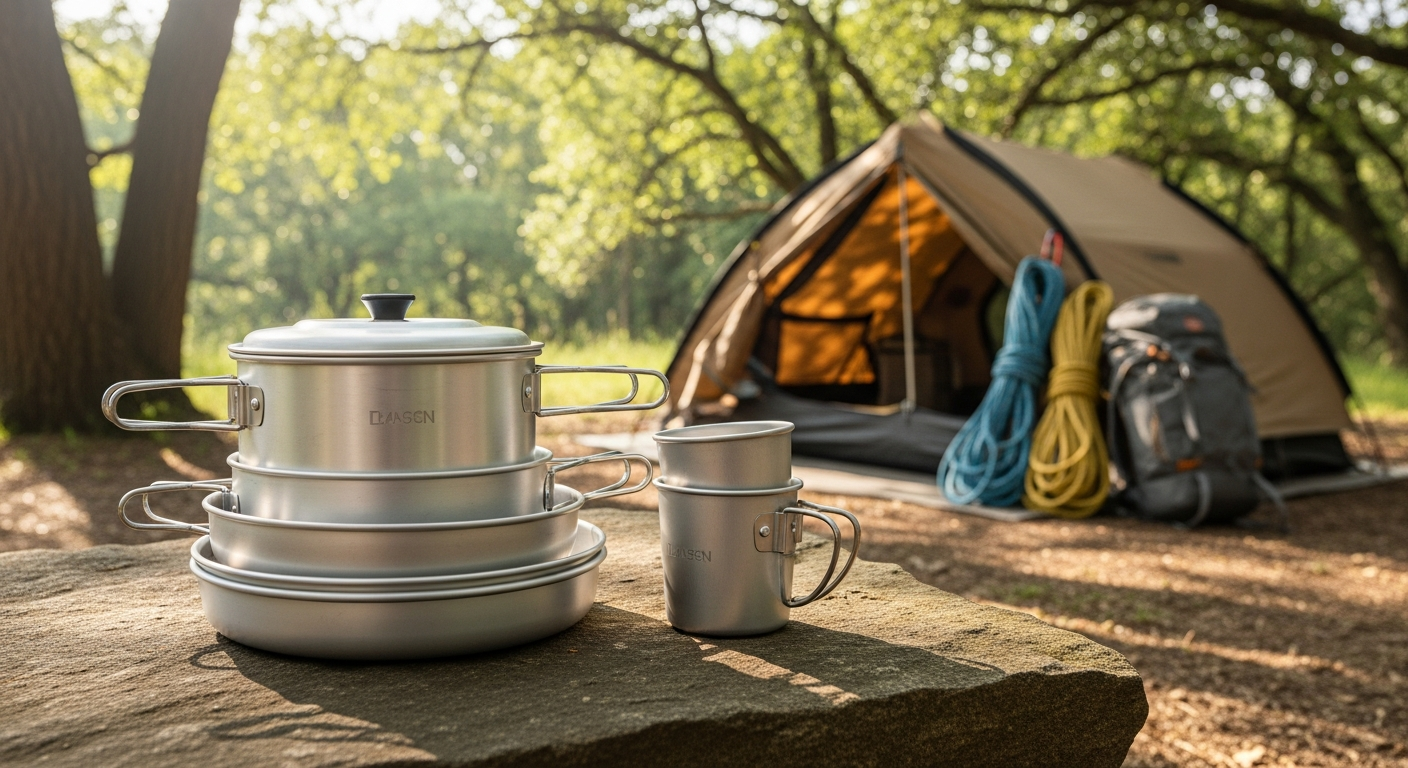 Berger Stone Rock Camping Pot Set with granite non-stick coating displayed on outdoor camping stove