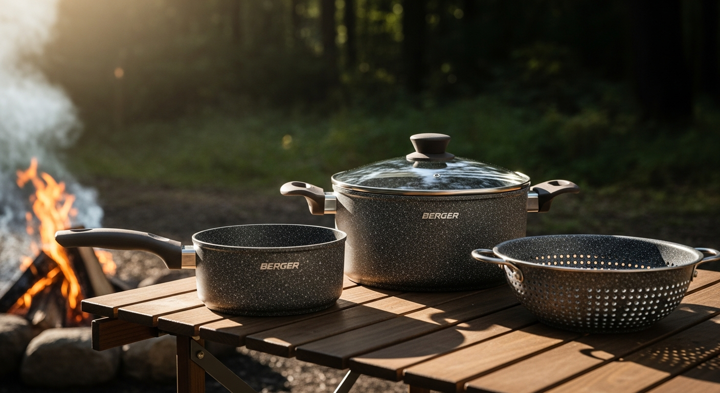 Berger Stone Rock Pasta Cookware Set with granite non-stick coating displayed on camping stove