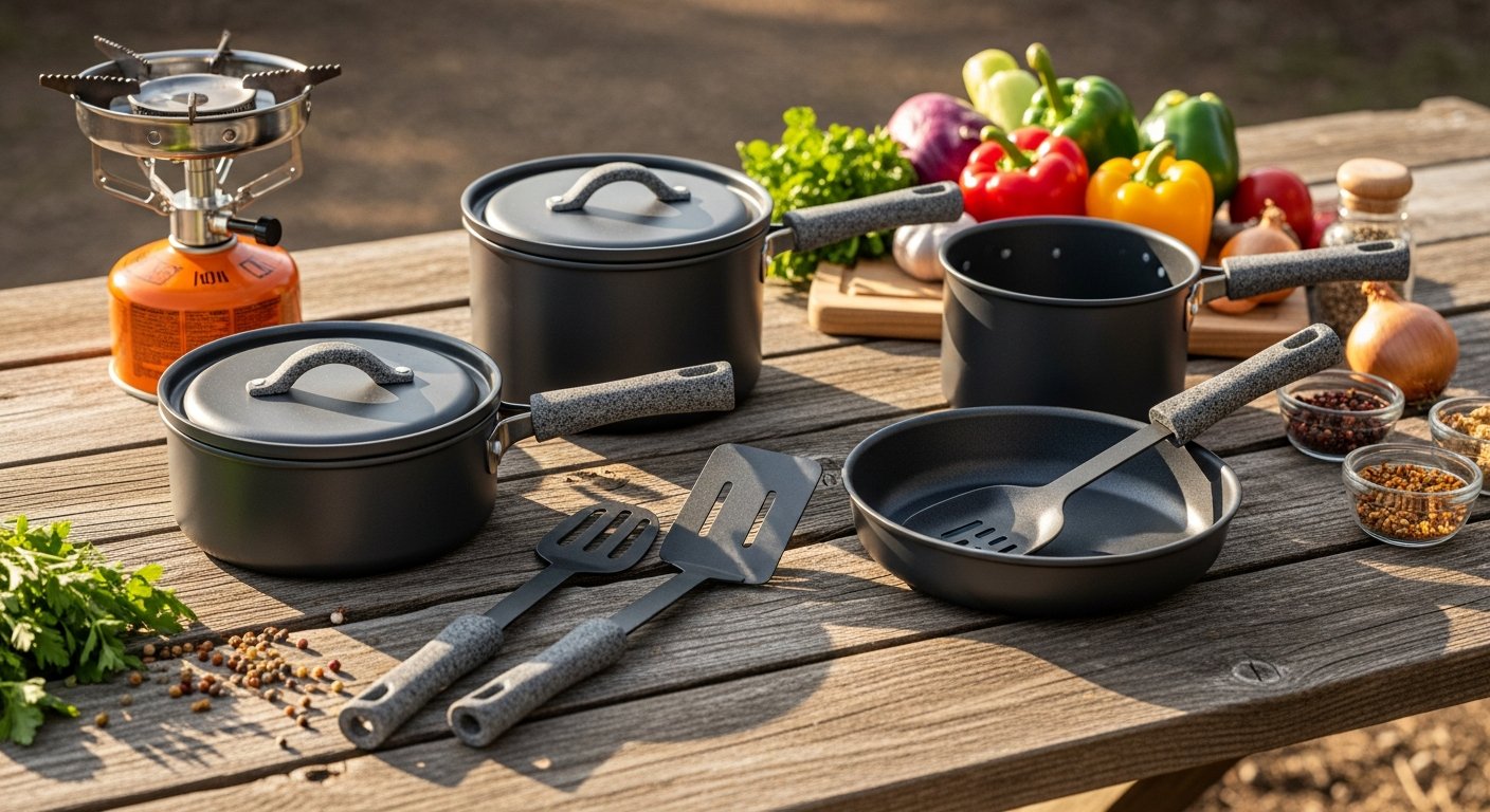 Berger Stone Rock Pasta Cookware Set with removable handles displayed on a caravan camping stove