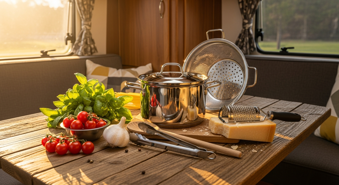 Berger Stone Rock Pasta Pot Set with three-piece aluminum cookware and pasta sieve for caravan cooking