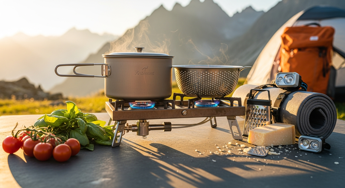 Berger Stone Rock Pasta Pot Set displayed with lid and integrated sieve on camping stove