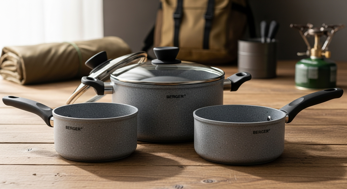Berger Stone Rock 3-piece non-stick pasta pot set with removable handles displayed on camping stove