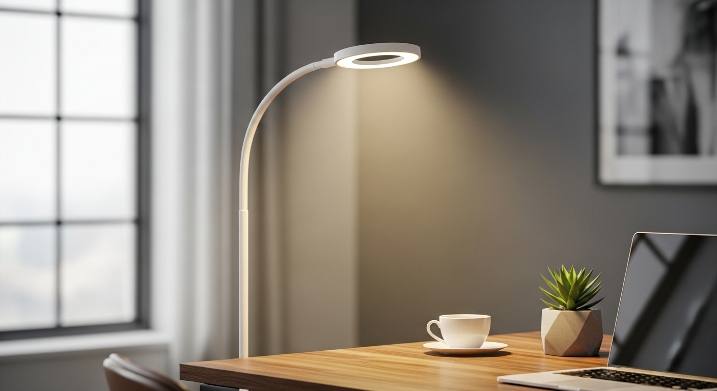 Joon 175 LED floor lamp with dual rotating heads in modern office workspace