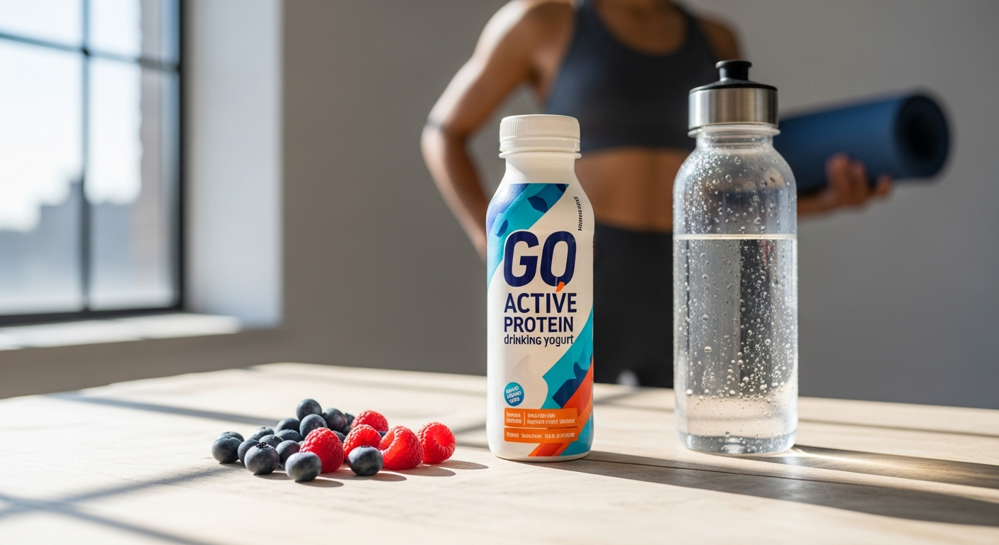 Go Active Protein Drinking Yogurt bottle with strawberry, banana, and mango flavors displayed on white background