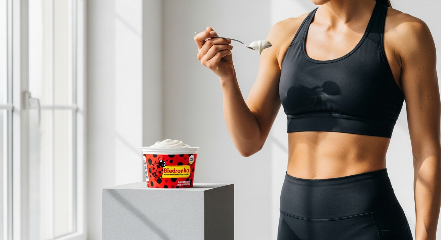 Go Active Protein Yogurt container displayed with fresh berries and athletic equipment in background