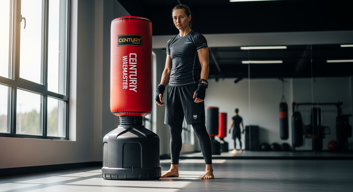 Century Wavemaster Freestanding Training Bag in a home gym setup with martial artist performing striking techniques