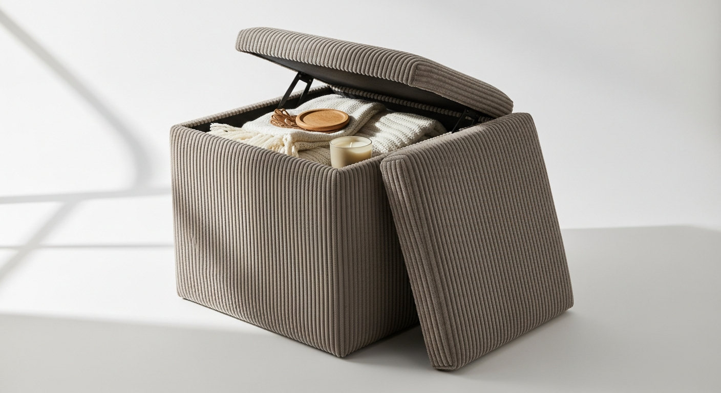 Square corduroy folding storage ottoman in neutral tone displayed in a small living room space