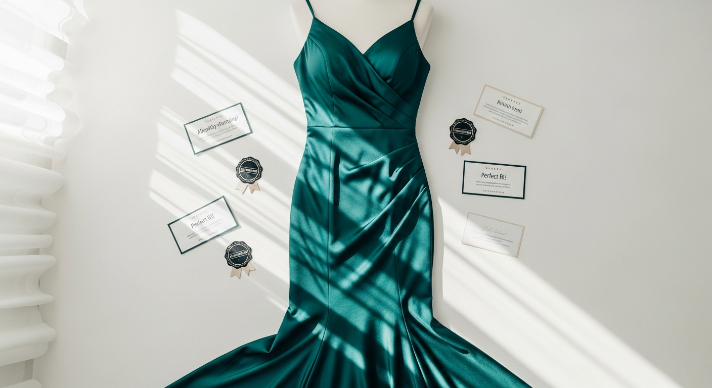 Elegant satin mermaid bridesmaid dress displayed on mannequin showing design details