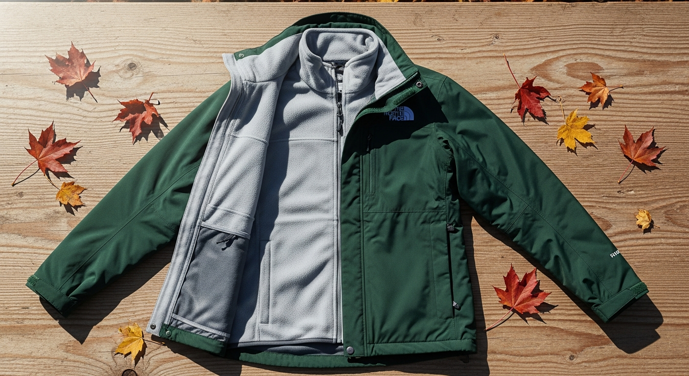 The North Face Evolve II Triclimate Jacket displayed with outer shell and inner fleece layer separated to show 3-in-1 versatility