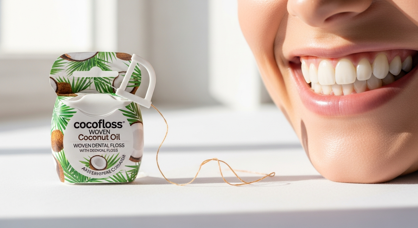 Cocofloss Woven Dental Floss with Coconut Oil in multiple flavors displayed with coconut and natural ingredients