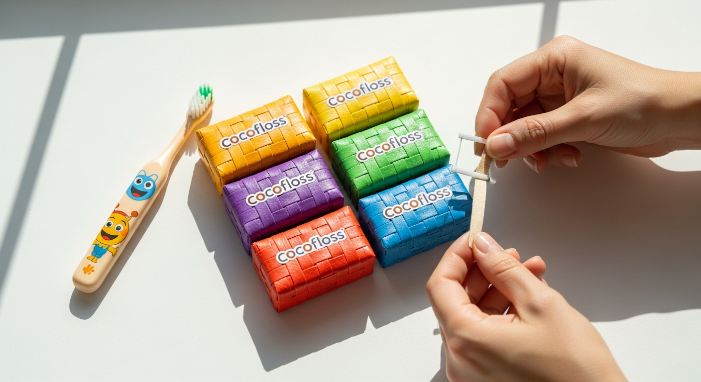 Colorful Cocofloss woven dental floss spools in various fruit flavors for children's oral care