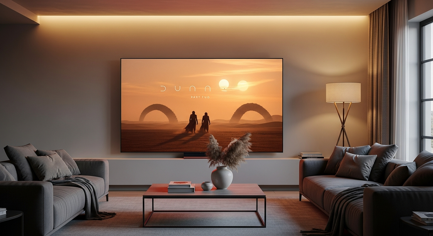 Samsung 85 inch QN80F Neo QLED 4K TV displaying vibrant cinematic content in modern living room