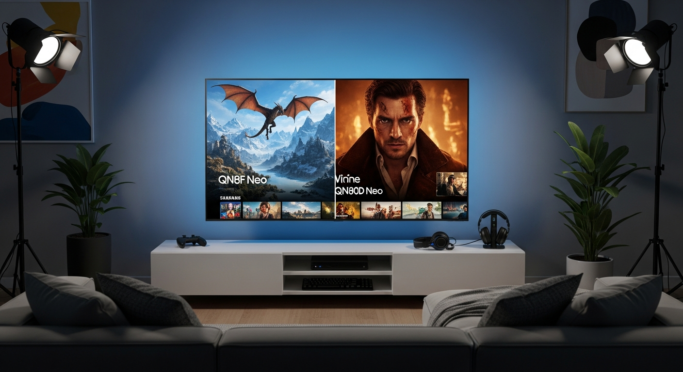Samsung QN80F Neo QLED 4K TV displaying vibrant gaming and streaming content with quantum mini LED technology