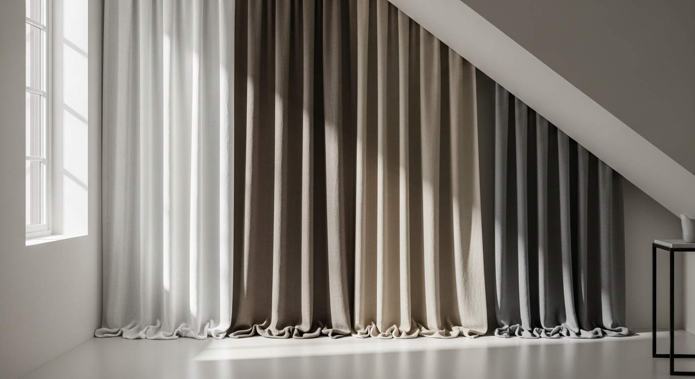 Elegant custom linen curtains draped in a modern room with sloped ceiling architecture