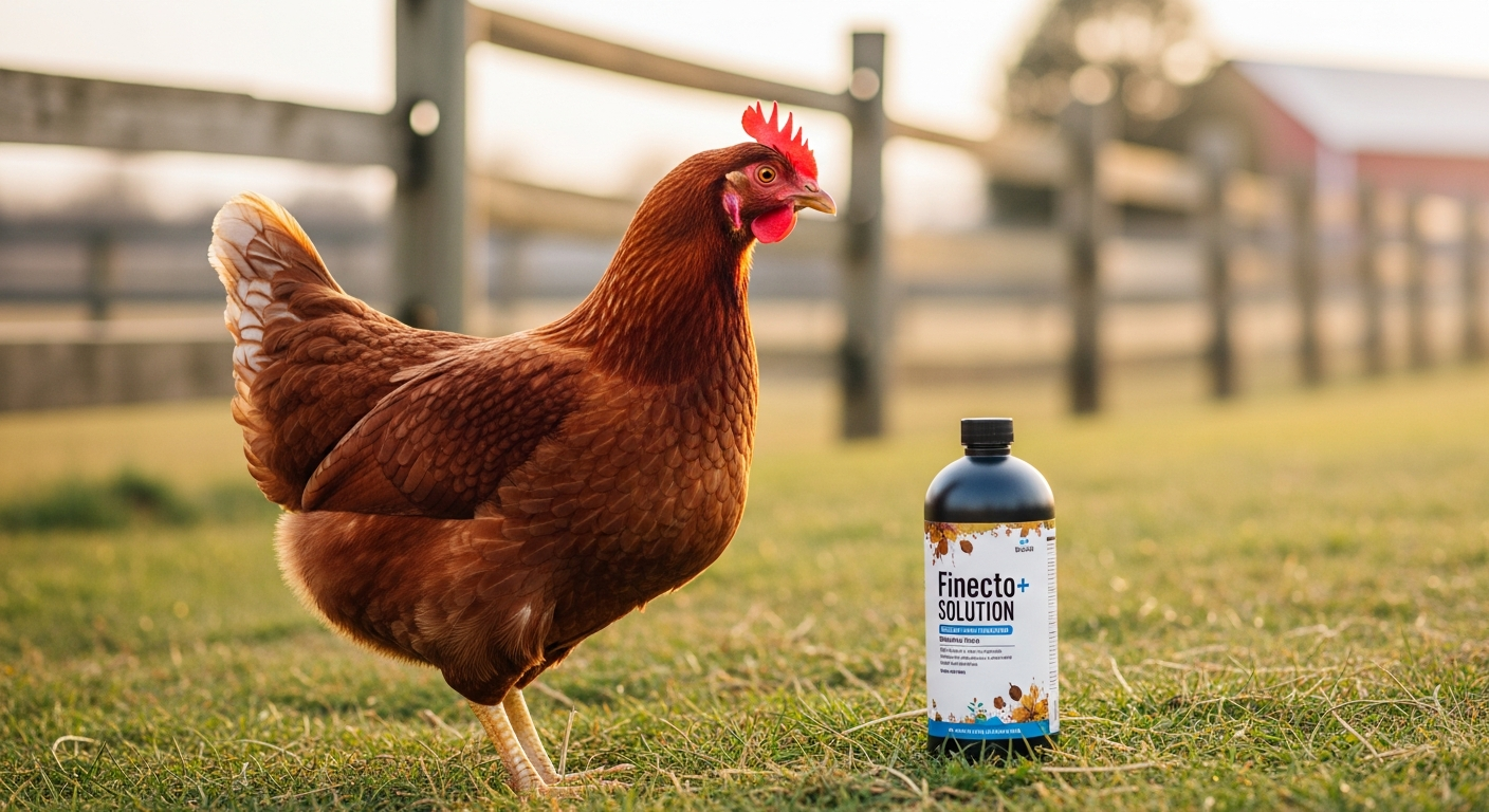 Finecto+ SOLUTION bottle with chickens in a backyard coop setting showing healthy birds