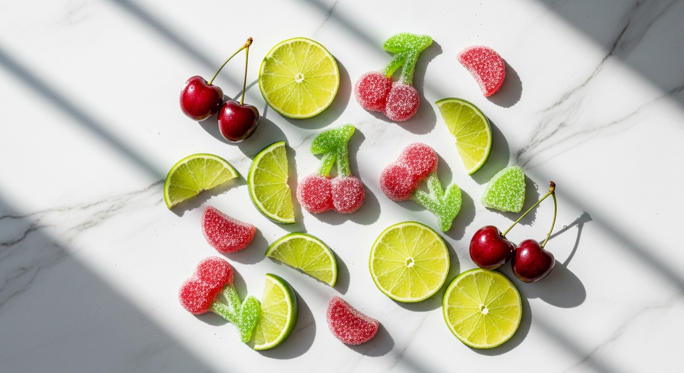 Cherry Lime Chill Delta-9 THC Gummies product package displayed with fresh cherry and lime fruits