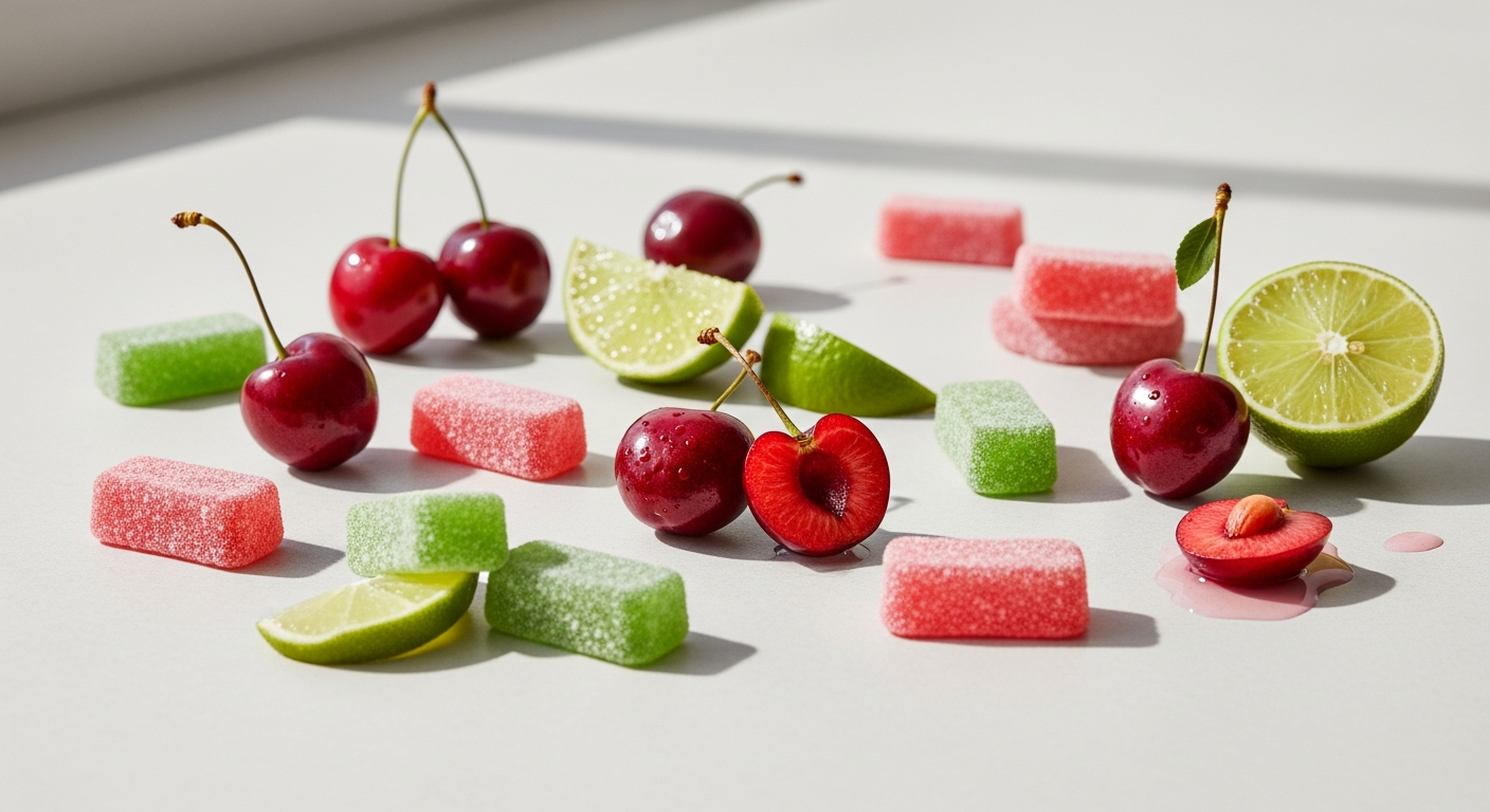 Diet Smoke Cherry Lime Chill Gummies package displayed with fresh cherry and lime garnish on white background