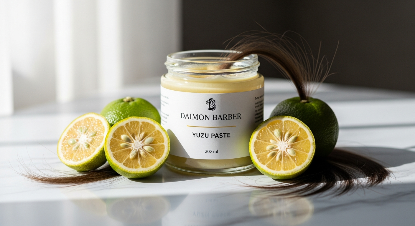 Daimon Barber Yuzu Paste hair styling product in premium packaging with yuzu fruit and beeswax ingredients displayed