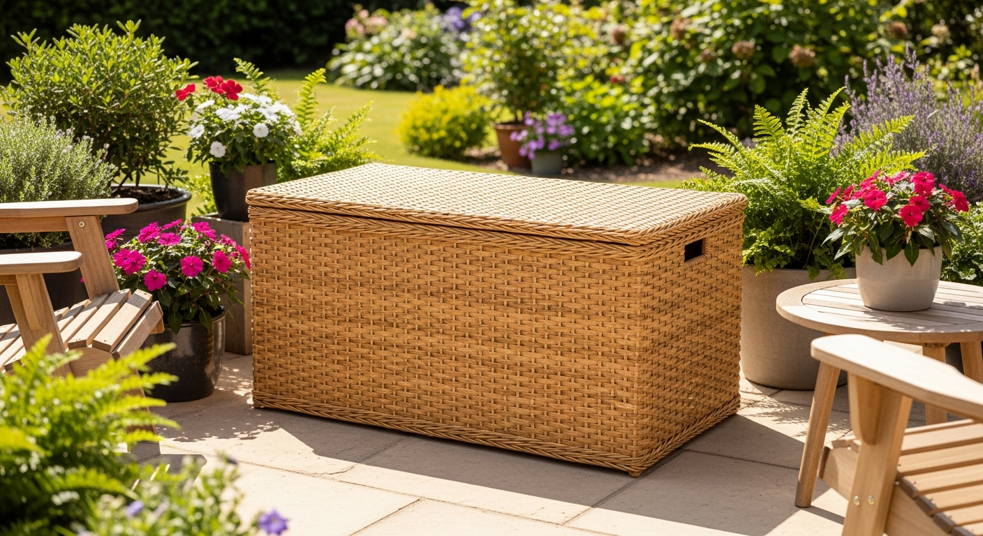 DeubaXXL 625L black rattan garden storage box with gas-lift lid on patio