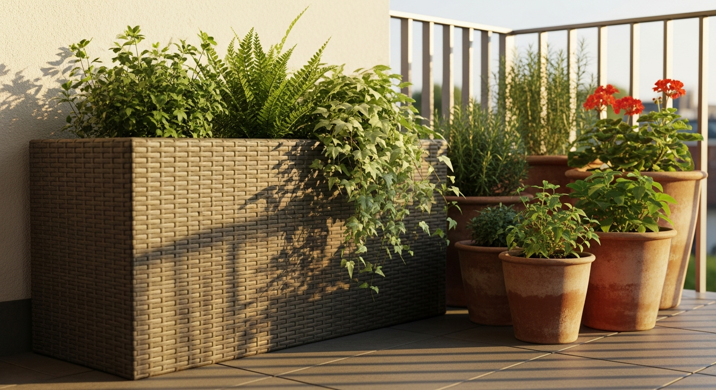 Casaria polyrattan planter box with hand-woven rattan exterior and steel frame in grey color