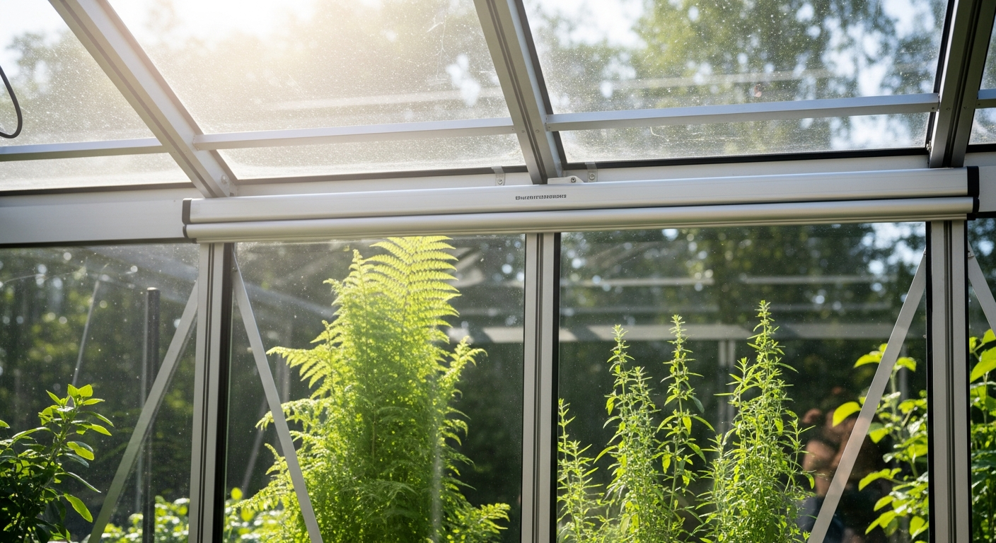 Silver automatic greenhouse window opener set with wax cylinder mechanism for solar thermal ventilation