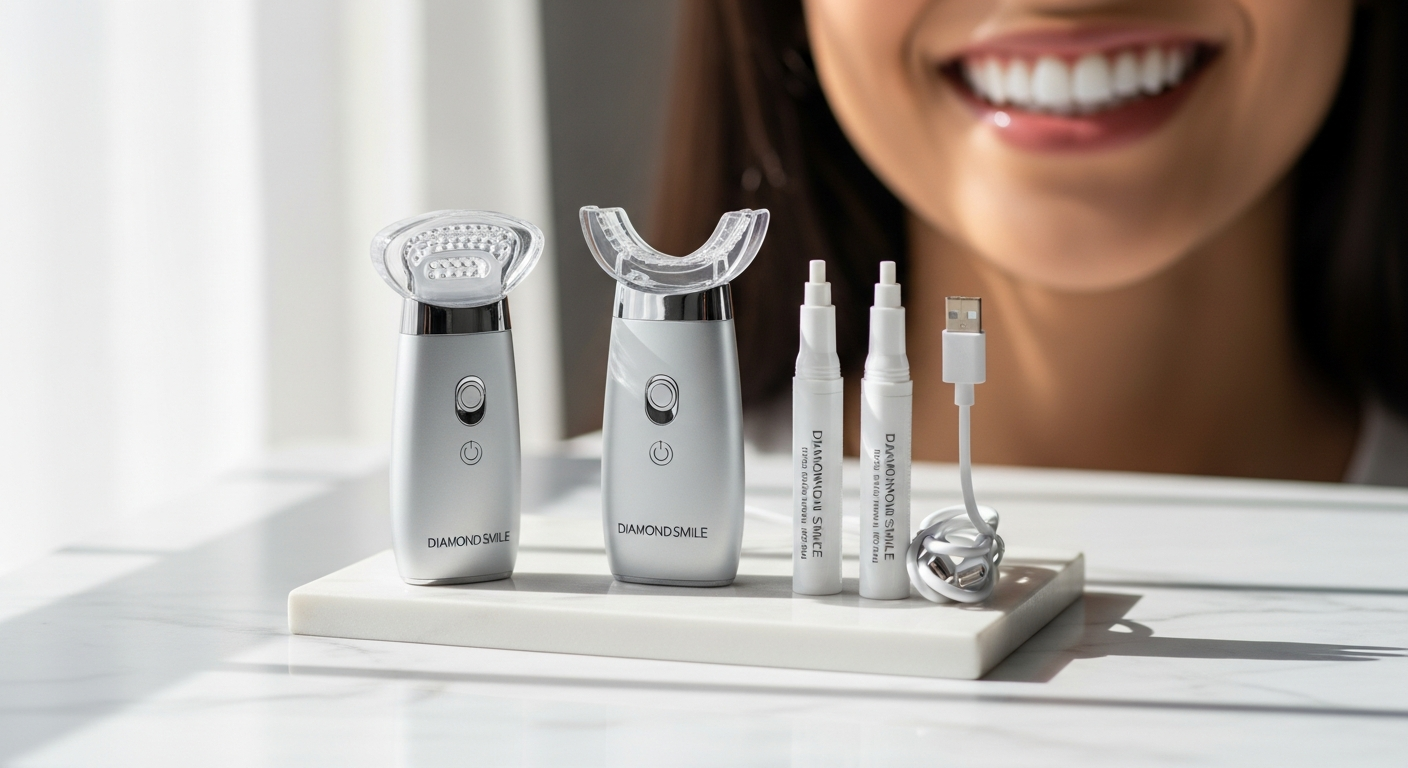Diamond Smile Teeth Whitening Kit with LED light device, gel syringes, and flexible mouthpiece displayed on white background