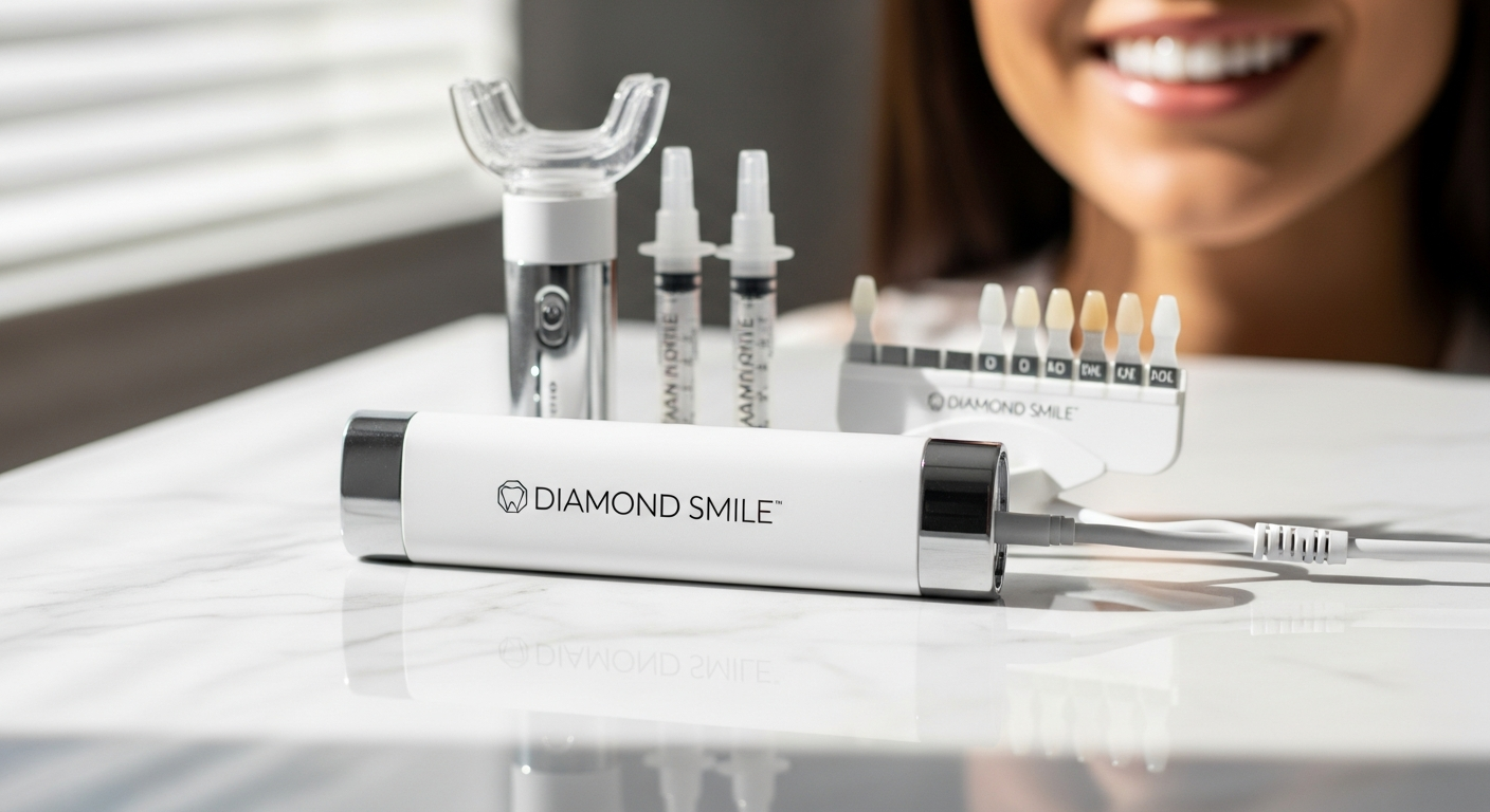 Diamond Smile Premium Teeth Whitening Kit with 16 blue LED lights and whitening gel displayed on white background