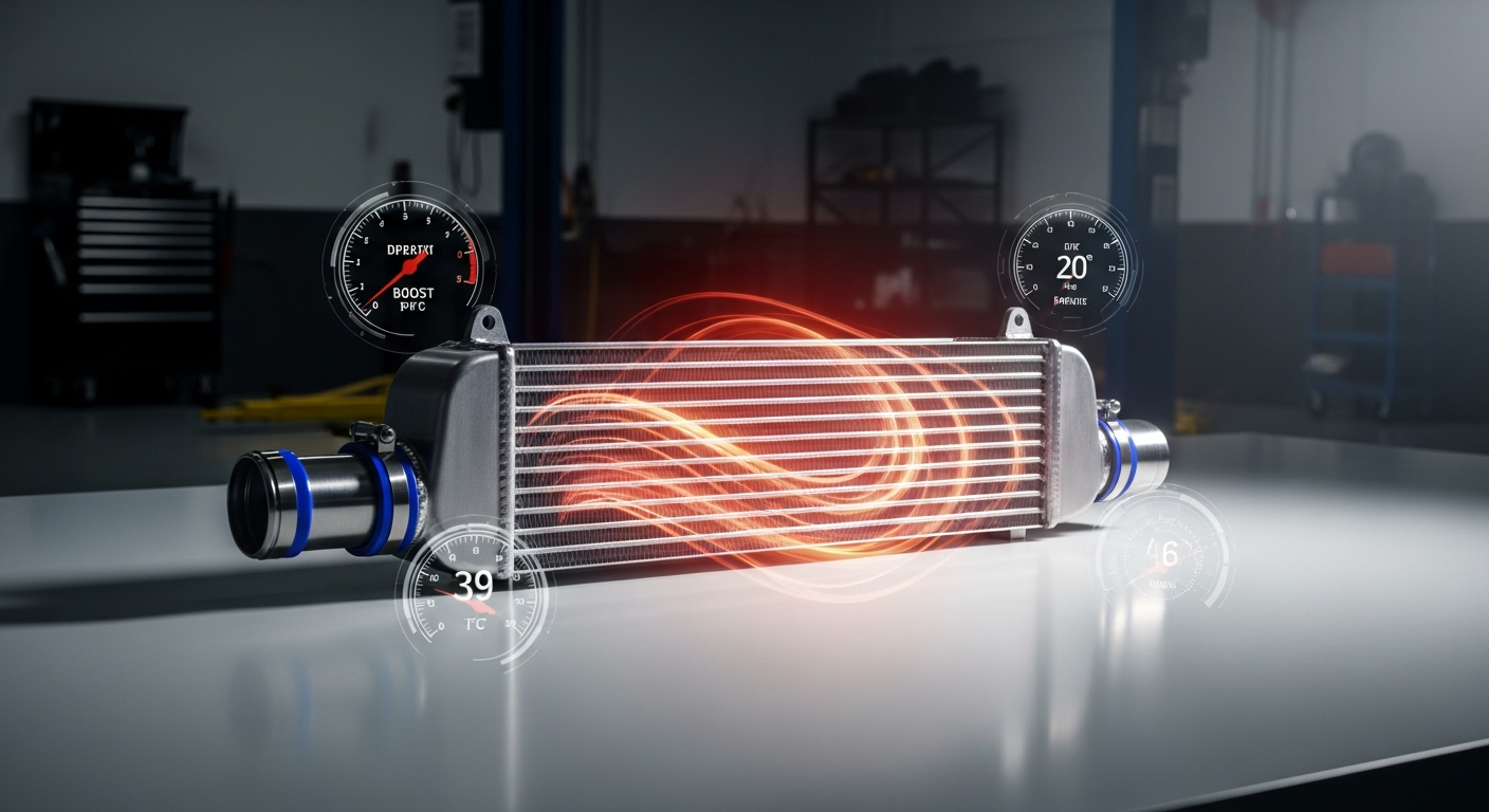 Direnza Universal MVT Performance Intercooler mounted on turbocharged engine showing aluminum construction and multi vane technology design