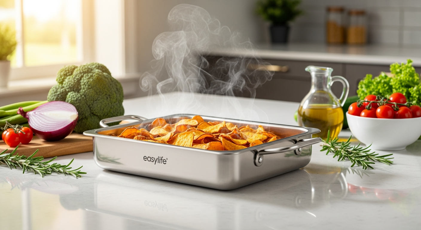 Easylife Microwave Chip Pan with golden crispy chips served on white plate in modern kitchen