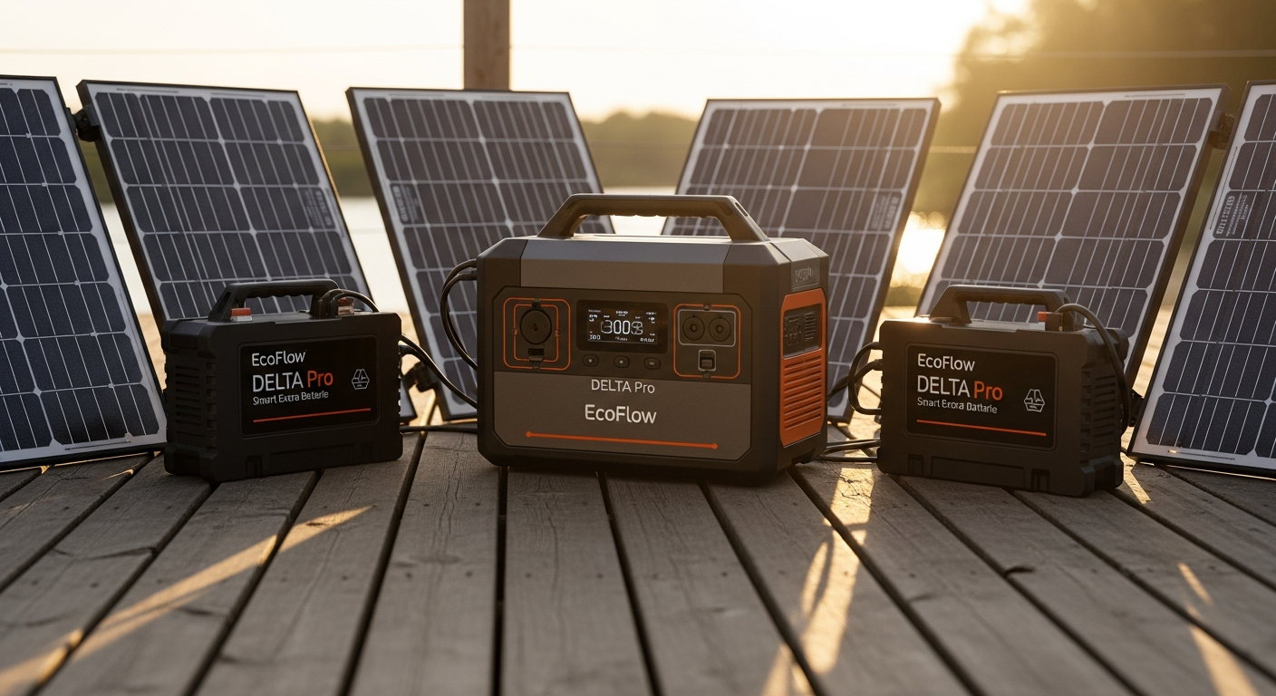 EcoFlow DELTA Pro portable power station with expandable battery modules in outdoor off-grid setup