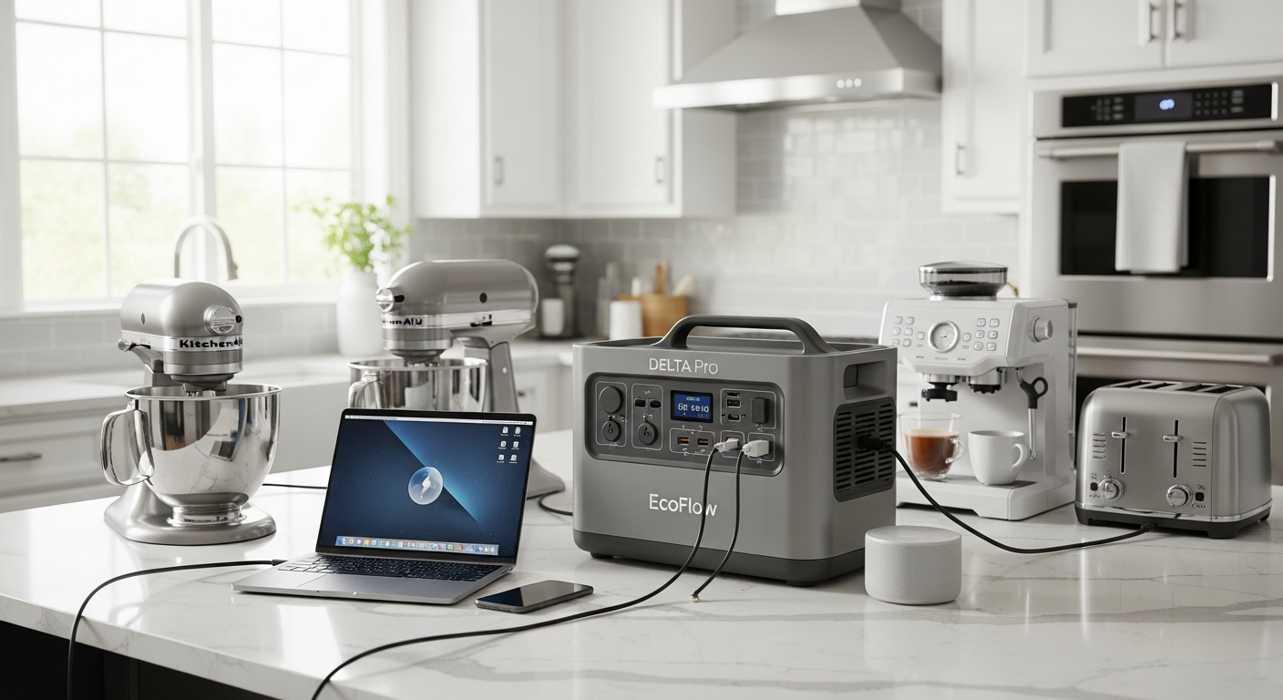 EcoFlow DELTA Pro portable power station with solar panels and expandable battery modules displayed outdoors