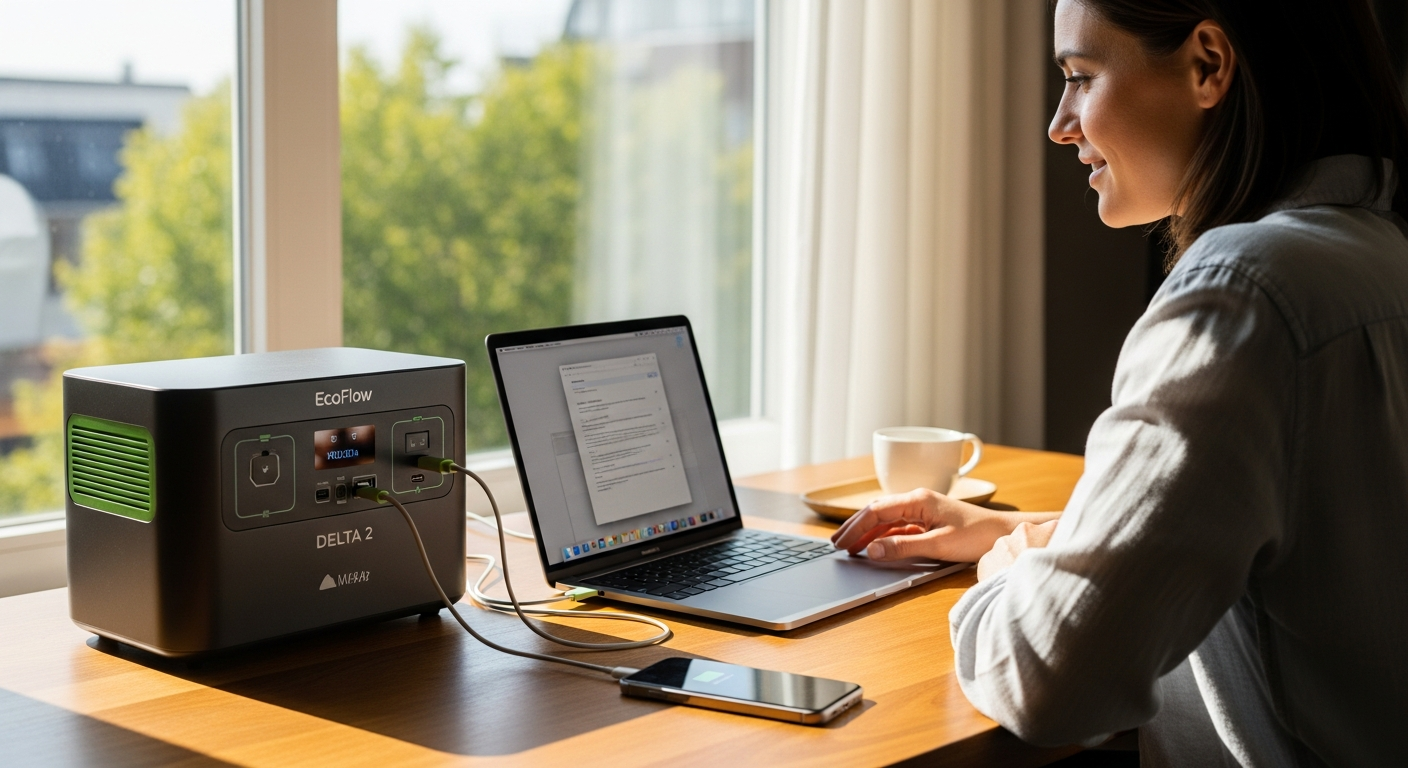 EcoFlow DELTA 2 Portable Power Station with laptop, phone, and accessories charging simultaneously in a modern workspace
