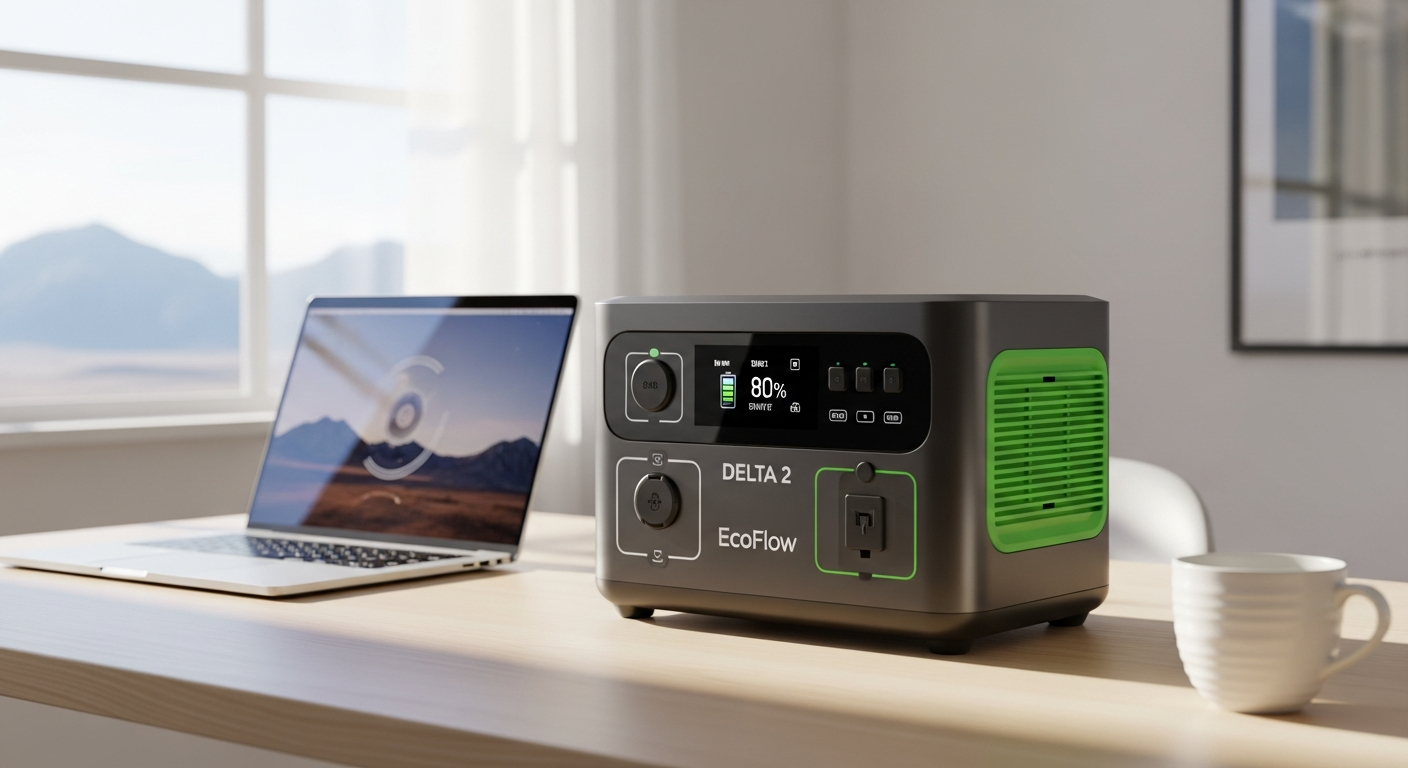 EcoFlow DELTA 2 portable power station displayed in a modern remote work setup with laptop and peripherals