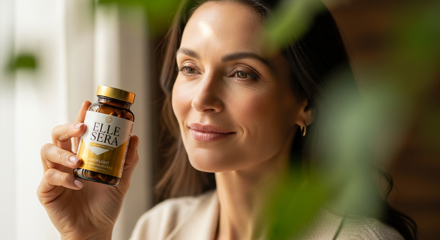 Elle Sera The Golden Pill supplement bottle with botanical ingredients displayed on white background