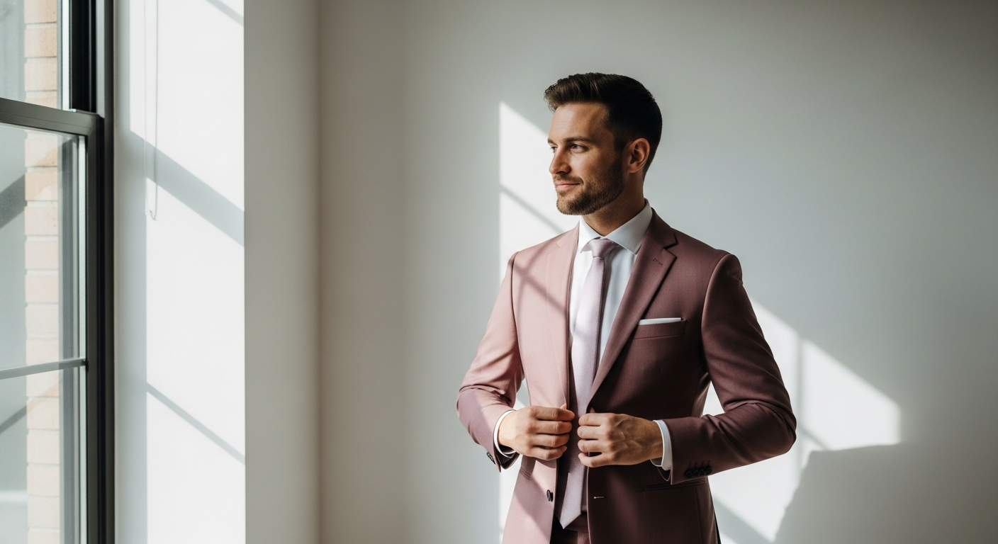 Blush mauve slim fit wedding suit displayed on a mannequin showing modern tailoring and elegant color
