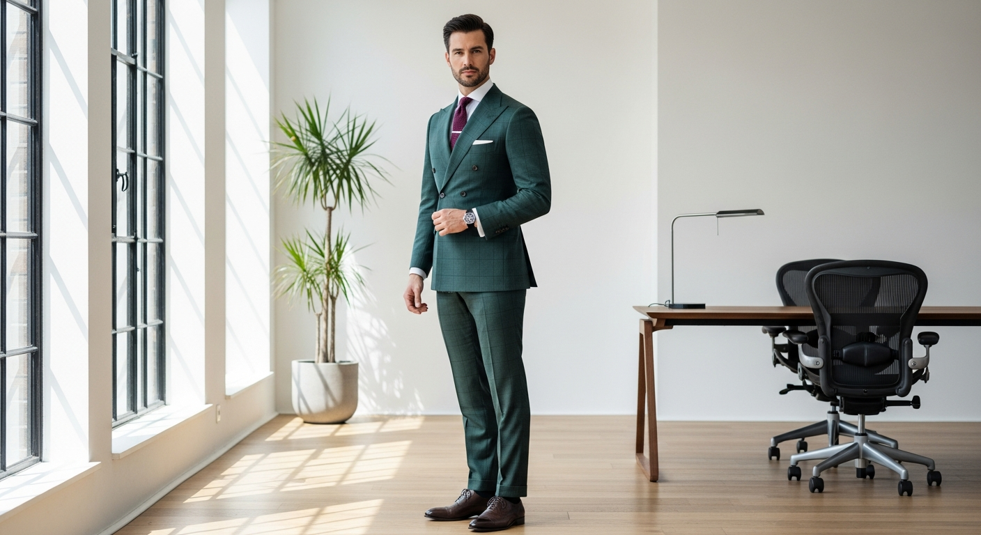 Dark green double breasted slim fit suit on a modern gentleman in professional setting