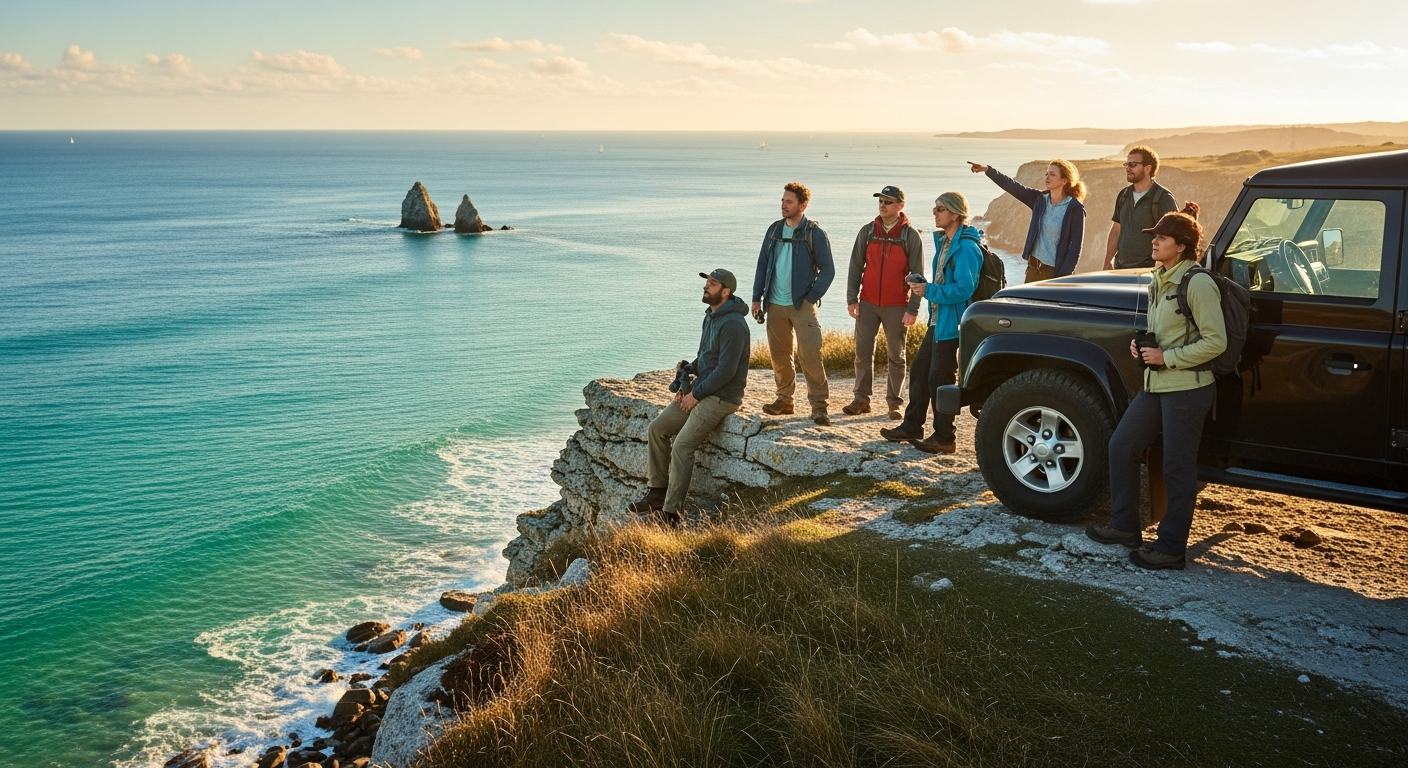 SUV car driving on scenic Australian outback road with red desert landscape and blue sky