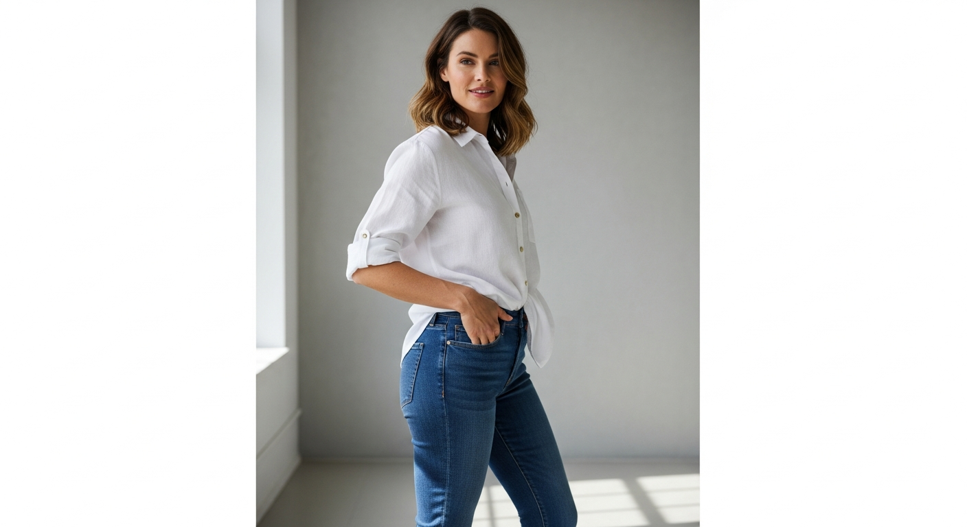 Woman wearing comfortable stretch denim jeans in classic wash, demonstrating everyday versatile styling