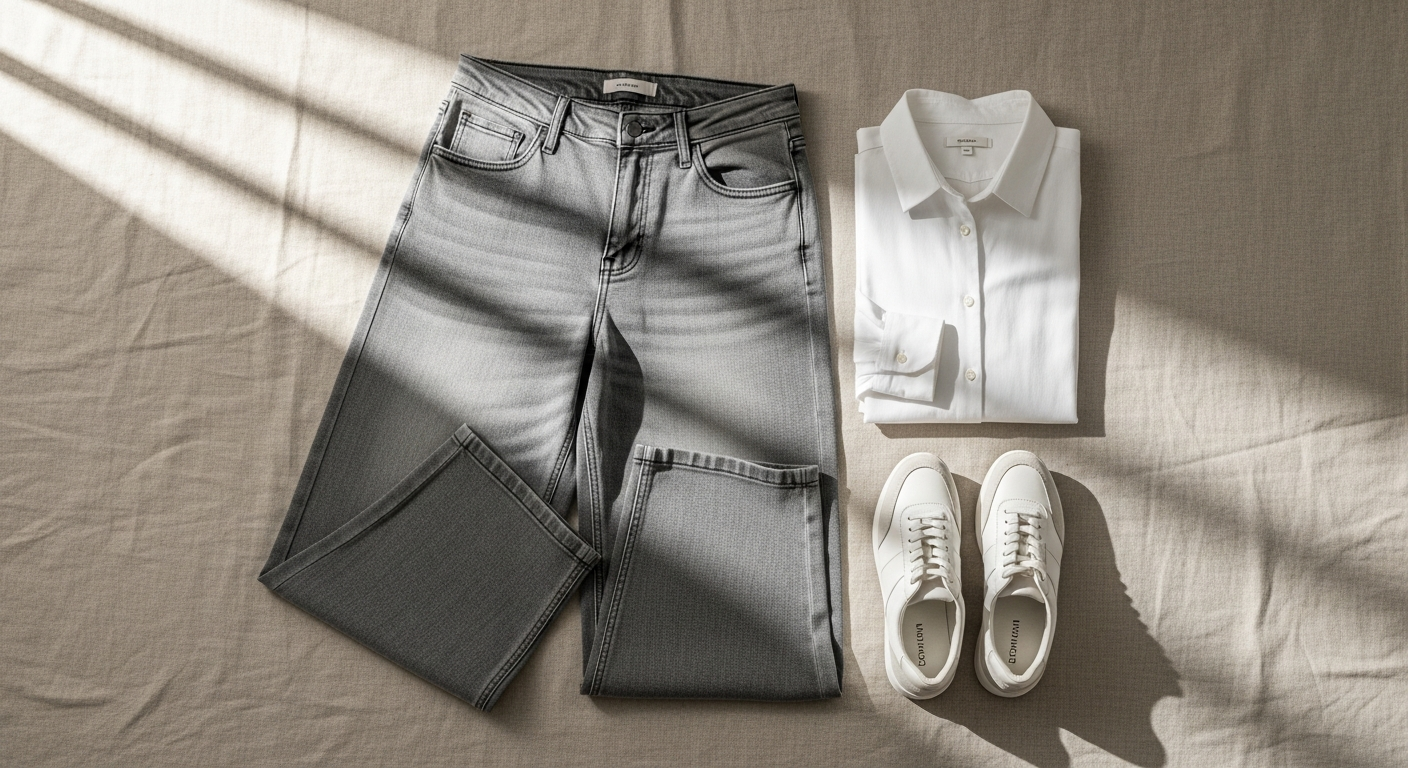 Wide leg grey stretch jeans styled with neutral top and white sneakers