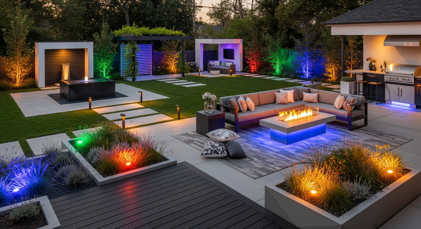 Flyachilles Outdoor RGB LED Landscape Spot Light illuminating a garden with vibrant color-changing light effects
